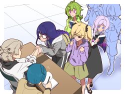 2boys 4girls absurdres albedo_(genshin_impact) alternate_costume backpack bag black_dress blonde_hair blue_eyes blue_hair blush_stickers book braid chair citlali_(genshin_impact) collei_(genshin_impact) commentary dress eyepatch faceless faceless_male facial_mark fischl_(genshin_impact) flying_sweatdrops genshin_impact glasses green_eyes green_hair handshake highres holding holding_book hood hood_down hoodie imtmcomics long_hair multiple_boys multiple_girls opaque_glasses pants purple_hair raiden_shogun shorts silhouette single_braid sitting standing table track_pants triangle triangle_facial_mark two_side_up xingqiu_(genshin_impact)