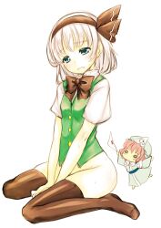 Rule 34 | 2girls, black bow, black bowtie, black thighhighs, blush, bottomless, bow, bowtie, breasts, embarrassed, green eyes, hairband, highres, holding, holding clothes, holding panties, holding underwear, konpaku youmu, looking at viewer, multiple girls, no panties, open mouth, panties, pink hair, saigyouji yuyuko, shiromitsu suzaku, short hair, simple background, sitting, small breasts, thighhighs, touhou, underwear, white background, white hair