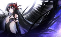 Rule 34 | 1girl, absurdres, akemi homura, akuma homura, arm strap, bad id, bad pixiv id, black dress, black gloves, black hair, black wings, bow, bow hairband, breasts, cleavage, closed mouth, dichlorvos, dress, elbow gloves, feathered wings, floating hair, gloves, hair bow, hairband, highres, long hair, mahou shoujo madoka magica, mahou shoujo madoka magica: hangyaku no monogatari, purple eyes, red bow, red hairband, small breasts, solo, standing, strapless, strapless dress, very long hair, wings