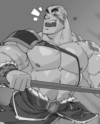 Rule 34 | 1boy, ^^^, abs, armor, bald, bara, bare pectorals, blue skin, blush, bulge, cheschirebacon, chest harness, colored skin, cowboy shot, critical role, dungeons & dragons, dungeons &amp; dragons, greyscale, grog strongjaw, harness, head tattoo, highres, holding, holding polearm, holding weapon, large pectorals, loincloth, looking down, male focus, mature male, monochrome, muscular, muscular male, navel, nipples, open mouth, out-of-frame censoring, paid reward available, pauldrons, pectorals, polearm, shoulder armor, shoulder tattoo, single pauldron, solo, stomach, sweatdrop, tattoo, the legend of vox machina, thick eyebrows, weapon