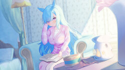 Rule 34 | 1girl, animal ears, armchair, bed, blue hair, blush, book, breasts, chair, closed mouth, commentary request, frilled shirt, frills, hand up, horse ears, indoors, jacket, lamp, large breasts, long hair, long sleeves, looking at viewer, mejiro ardan (umamusume), on chair, open book, pillow, purple eyes, roido (taniko-t-1218), shirt, solo, striped clothes, striped jacket, umamusume, very long hair, white shirt
