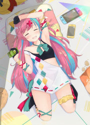 Rule 34 | 1girl, absurdres, amakawa ruka, armpits, blush, breasts, cellphone, chips (food), closed eyes, commentary request, drooling, food, gloves, hair ornament, highres, long hair, multicolored hair, nintendo, nintendo switch, open mouth, phone, pillow, pink hair, pinky pop hepburn, potato chips, ribbon, sleeping, small breasts, solo, the moon studio, virtual youtuber