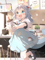 Rule 34 | ahoge, bandaid, bandaid on knee, bandaid on leg, black footwear, bloop (gawr gura), blue eyes, blue hair, blush, bubble tea, cafe, character name, coffee cup, cup, disposable cup, dress, dress ribbon, ebi-chan (gawr gura), fins, fish skeleton print, fish tail, frilled socks, frills, gawr gura, hair ornament, heart-shaped ornament, highres, holding, holding cup, hololive, hololive english, huh? cat (meme), light blue dress, light blue hair, medium hair, meme, multicolored hair, puffy short sleeves, puffy sleeves, rabbit hair ornament, seboneko, shark hair ornament, shark tail, sharp teeth, short sidetail, short sleeves, socks, stitched tail, streaked hair, tail, teeth, thighhighs, virtual youtuber, white sleeves, white thighhighs