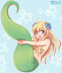 Rule 34 | blonde hair, blue eyes, blue ribbon, blush, commentary request, dated, fangs, hair censor, hair over breasts, holding tail, jashin-chan, jashin-chan dropkick, lamia, long hair, monster girl, nude, open mouth, ribbon, shimeta hiromitsu, solo, tail