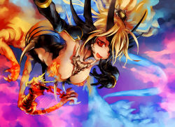 Rule 34 | 1girl, :d, alternate color, arm up, armpits, bad id, bad pixiv id, black gloves, blonde hair, breasts, centauroid, claws, cleavage, cloud, dragon, dragon girl, duel monster, fang, female focus, fire, flying, gloves, hair ornament, harp, horns, ikuhana niiro, instrument, long hair, looking at viewer, open mouth, ponytail, queen dragoon, queen dragun djinn, red eyes, skin fang, sky, smile, smoke, solo, taur, wallpaper, yu-gi-oh!, yu-gi-oh! duel monsters