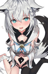 Rule 34 | 1girl, absurdres, ahoge, animal ear fluff, animal ears, aqua eyes, black shorts, black tail, black thighhighs, blush, braid, breasts, detached sleeves, fox ears, fox girl, fox tail, from above, front slit, hair between eyes, highres, hololive, large breasts, long hair, looking at viewer, looking up, midriff, multicolored tail, navel, no shoes, open mouth, own hands together, shirakami fubuki, shirakami fubuki (1st costume), shorts, single thighhigh, sitting, solo, strapless, susukawa (susucawa), tail, thigh strap, thighhighs, virtual youtuber, wariza, white background, white hair, white sleeves, white tail, wide sleeves