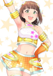 Rule 34 | 1girl, :d, amami haruka, arm strap, arm up, armpits, brown hair, cowboy shot, crop top, gloves, green eyes, hand on own hip, highres, idolmaster, idolmaster (classic), looking at viewer, midriff, miniskirt, navel, open mouth, orange gloves, short hair, skirt, smile, solo, standing, star (symbol), starry background, stomach, sweat, thighhighs, tsurui, white thighhighs, yellow skirt, zettai ryouiki