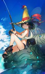 Rule 34 | 1girl, animal ears, ass, bag, bangle, bare shoulders, black hair, blue sky, boots, bracelet, cloud, creature, crop top, day, denim, denim shorts, ears through headwear, fishing rod, fox ears, green eyes, green hair, hat, hat ribbon, highres, holding, jewelry, knee up, looking at viewer, looking to the side, loose clothes, loose shirt, micro shorts, midriff, multicolored hair, original, parted lips, ribbon, shirt, short hair, shorts, sitting, sky, sleeveless, sleeveless shirt, solo, straw hat, thighs, two-tone hair, water, white shirt, yogurtbomb9