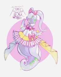 Rule 34 | 1girl, ahoge, bow, clothed pokemon, coattails, commentary request, cosplay, creatures (company), detached sleeves, doodle inset, dress, frilled skirt, frills, full body, game freak, gen 6 pokemon, goodra, green eyes, hair bow, highres, kashikoma!, layered skirt, long hair, manaka laala, manaka laala (cosplay), multicolored clothes, multicolored dress, niku (onikujunjuwa), nintendo, open mouth, pink bow, pokemon, pokemon (creature), pretty series, pripara, puffy detached sleeves, puffy sleeves, skirt, sleeveless, sleeveless dress, slime (substance), smile, solo, standing, treble clef, very long hair, waist bow