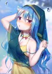 Rule 34 | 1girl, absurdres, animal ears, arm up, artist name, baozishark, bare shoulders, blue hair, blurry, blurry background, blush, breasts, cat ears, choker, cleavage, collarbone, commentary, dated, dress, green shirt, hair between eyes, halterneck, hand up, haniyasushin keiki, head scarf, head tilt, highres, kemonomimi mode, leash, long hair, looking at viewer, magatama, medium breasts, nose blush, parted lips, red eyes, shirt, short sleeves, signature, solo, strap slip, symbol-only commentary, touhou, upper body, very long hair, water drop, yellow choker, yellow dress