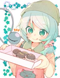 Rule 34 | 1girl, :q, animal print, apron, blush, cat print, closed mouth, collared shirt, commentary request, cupcake, food, green eyes, green hair, hair ornament, hair over shoulder, hair scrunchie, head scarf, holding, komeiji koishi, looking at viewer, low ponytail, pink apron, pink scrunchie, ponytail, print apron, scrunchie, shirt, smile, solo, star (symbol), starry background, third eye, tongue, tongue out, touhou, white background, yamase, yellow shirt