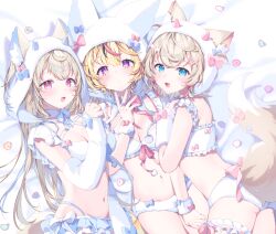 3girls :3 :d absurdres alternate_costume animal_ear_fluff animal_ears arm_strap arm_warmers ass back_bow bandaid bandaid_hair_ornament bed_sheet black_hair blonde_hair blue_eyes blue_hair blue_panties blush bow bowtie bra breasts choker cleavage colored_inner_hair commentary_request criss-cross_halter crossed_bangs dog_ears dog_girl dog_tail double-parted_bangs facial_mark fake_horns fox_ears fox_girl fox_tail frilled_bra frilled_skirt frills fur_bra fur_choker fur_hairband fur_hood fur_panties fur_wrist_cuffs fuwawa_abyssgard hair_between_eyes hair_ornament hairband hairclip halterneck hand_up heart heart-shaped_pupils highleg highleg_panties highres hololive hololive_english hood hood_up horns kio_is_here knees_out_of_frame long_hair looking_at_viewer lying median_furrow medium_breasts microskirt miniskirt mococo_abyssgard multi-strapped_bra multicolored_hair multiple_girls navel omaru_polka on_back on_stomach open_mouth panties pink_bow pink_bowtie pink_eyes pink_hair pom_pom_(clothes) purple_eyes short_hair siblings sisters skirt smile stomach streaked_hair symbol-shaped_pupils tail tail_bow tail_ornament twins two_side_up underwear underwear_only virtual_youtuber waist_bow white_arm_warmers white_bow white_bra white_choker white_hairband white_hood white_panties x_hair_ornament