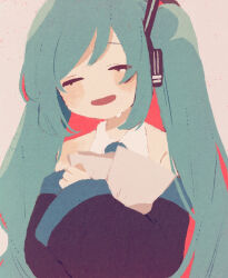 Rule 34 | 1girl, blue hair, blush, blush stickers, closed eyes, collared shirt, crying, detached sleeves, hatsune miku, headphones, holding, holding paper, long hair, long sleeves, open mouth, paper, ponponzutea, shirt, sleeveless, sleeveless shirt, smile, solo, tears, twintails, upper body, very long hair, vocaloid