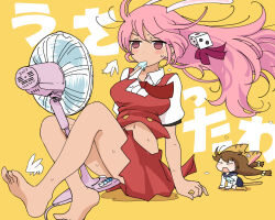 Rule 34 | 2girls, barefoot, between legs, bow, crossed legs, di gi charat, dice hair ornament, electric fan, food, food in mouth, hair ornament, holding, kashmir, kyoufuu all back (vocaloid), multiple girls, navel, pink hair, popsicle, popsicle in mouth, puchiko, rabbit, red bow, simple background, sitting, sweat, usada hikaru, wind, yellow background
