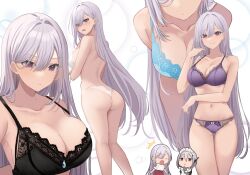 Rule 34 | 2girls, apron, aqua bra, ass, back, bare arms, black bra, black dress, bra, breasts, chibi, cleavage, closed mouth, collarbone, commentary request, dress, grey hair, hair between eyes, hamu (plot sy), highres, large breasts, long hair, looking at viewer, maid apron, maid headdress, mole, mole under eye, multiple girls, multiple views, navel, open mouth, original, panties, purple bra, purple eyes, purple panties, red skirt, shirt, skirt, smile, standing, surprised, thighs, underwear, very long hair, white background, white bra, white panties, white shirt