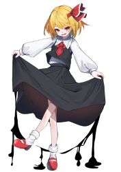 Rule 34 | 1girl, :d, ascot, black skirt, blonde hair, clothes lift, commentary request, hair ribbon, highres, legs, lifting own clothes, open mouth, red ascot, red eyes, red footwear, red ribbon, ribbon, rumia, sharp teeth, shoes, short hair, simple background, skirt, skirt hold, smile, socks, solo, teeth, touhou, tsune (tune), upper teeth only, white background, white socks