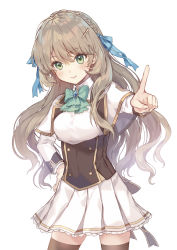 Rule 34 | 1girl, bad id, bad pixiv id, blue ribbon, bow, braid, breasts, brown hair, brown thighhighs, capelet, copyright request, cowboy shot, crown braid, green bow, green eyes, hair between eyes, hair ornament, hair ribbon, hairclip, hand on own hip, highres, index finger raised, laurelfalcon, long hair, medium breasts, official art, outstretched arm, pleated skirt, ribbon, shirt, simple background, skirt, solo, thighhighs, underbust, very long hair, white background, white capelet, white shirt, white skirt