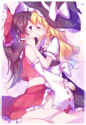 Rule 34 | 2girls, baozishark, bare shoulders, blonde hair, blouse, blush, bow, braid, brown hair, commentary request, crop top, detached sleeves, eye contact, hair bow, hair tubes, hakurei reimu, half-closed eyes, hand on another&#039;s face, hat, hat bow, highres, hug, kirisame marisa, kiss, large bow, long hair, looking at another, multiple girls, puffy short sleeves, puffy sleeves, red eyes, shirt, short sleeves, single braid, skirt, thighs, touhou, vest, wavy hair, witch hat, yellow eyes, yuri