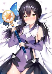 Rule 34 | 1girl, absurdres, aozora nan, bare shoulders, black hair, blush, breasts, closed mouth, commentary request, covered navel, cowboy shot, detached sleeves, fate/kaleid liner prisma illya, fate (series), gluteal fold, hair between eyes, hair ornament, hand up, head tilt, highres, holding, holding wand, kaleidostick, leotard, long hair, long sleeves, looking at viewer, magical sapphire, miyu edelfelt, purple leotard, sidelocks, sleeves past wrists, small breasts, solo, thighs, twintails, wand, white background, x hair ornament, yellow eyes
