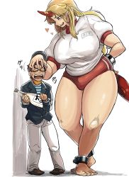 Rule 34 | 1boy, 1girl, alternate costume, ankle cuffs, arm behind back, barefoot, black hair, blonde hair, bloomers, blouse, blue eyes, blue shirt, blush, bottle, breasts, character name, cup, curvy, dark-skinned male, dark skin, full body, giant, giantess, glasses, hand on another&#039;s head, hand on own hip, heart, height difference, highres, holding, holding bottle, horns, hoshiguma yuugi, huge breasts, hunter rank e, legs apart, long hair, looking down, oni, oni girl, oni horns, open mouth, pointy ears, sakazuki, sake bottle, shirt, shoes, short hair, simple background, single horn, size difference, smile, spoken heart, standing, striped clothes, striped shirt, tall female, thick thighs, thighs, touhou, underwear, white background, white shirt, you gonna get raped