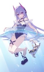 Rule 34 | 1girl, :o, animal, bare shoulders, black choker, black footwear, blue bow, blue one-piece swimsuit, blue ribbon, bow, cat, choker, covered navel, frilled one-piece swimsuit, frills, hair between eyes, hair ornament, highres, hijiri (resetter), innertube, long hair, looking at viewer, one-piece swimsuit, original, parted lips, partially submerged, purple eyes, purple hair, ribbon, robot ears, sandals, snorkel, snorkel in mouth, solo, star (symbol), star hair ornament, swim ring, swimsuit, transparent, very long hair, water, white background