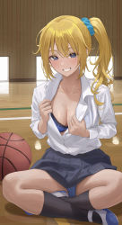 Rule 34 | 1girl, ball, basketball, basketball (object), black skirt, black socks, blonde hair, blue bra, blue eyes, blue footwear, blue panties, blush, bra, breasts, cleavage, collarbone, commentary, crossed legs, full body, grin, gym, hair between eyes, hair ornament, hair scrunchie, highres, indian style, lace, lace-trimmed bra, lace trim, long hair, long sleeves, looking at viewer, medium breasts, miniskirt, mole, mole under eye, original, panties, pantyshot, partially unbuttoned, pleated skirt, revision, scrunchie, shirt tucked in, shoes, side ponytail, sitting, skirt, smile, socks, solo, taniguchi daisuke (surumenium), underwear, wooden floor