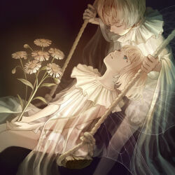 Rule 34 | 1boy, 1girl, absurdres, commentary, daisy, dress, flower, frilled dress, frills, highres, holding, holding flower, hotatenshi, looking at another, looking down, looking up, original, parted lips, rope, see-through, short hair, swing, white dress, white hair, wings