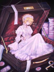 1boy absurdres alternate_costume aotu_world artist_name blonde_hair blue_eyes bow crossdressing dress dress_bow english_text expressionless eyepatch frilled_dress frilled_hairband frilled_sleeves frills hair_between_eyes hairband highres juliet_sleeves king_(aotu_world) long_sleeves looking_at_viewer male_focus oversized_object pink_bow plutoray puffy_sleeves ribbon scissors short_hair sitting solo sparkle trap watermark white_bow white_dress white_ribbon wide_sleeves