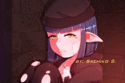 Rule 34 | 1girl, against wall, bandage on face, bandages, bandaid, bandaid on face, bandaid on nose, black hat, black jacket, black legwear, blue hair, blunt bangs, breasts, hat, jacket, knees up, looking at viewer, mole, mole under eye, patch, pointy ears, sachiko shirayuki, shirt, sitting, solo, torn clothes, torn legwear, white shirt, yellow eyes
