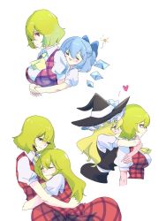 Rule 34 | 4girls, = =, ascot, black vest, blonde hair, blue bow, blue dress, blush, bow, breasts, cirno, collared shirt, commentary, dress, expressionless, eyelashes, green hair, hair bow, half updo, hat, hat ribbon, heart, highres, hug, hug from behind, ice, ice wings, kazami yuuka, kazami yuuka (pc-98), kirisame marisa, large breasts, long hair, long sleeves, multiple girls, pants, plaid, plaid pants, plaid skirt, plaid vest, puffy short sleeves, puffy sleeves, red eyes, red pants, red vest, ribbon, shirt, short hair, short sleeves, simple background, skirt, smile, standing, symbol-only commentary, tohoyuukarin, touhou, touhou (pc-98), triangle mouth, upper body, vest, white background, white ribbon, white shirt, wings, witch hat, yellow ascot, yellow eyes