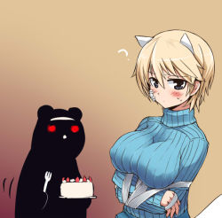 Rule 34 | 10s, 2girls, ?, aleksandra i. pokryshkin, animal ears, bandages, bandaid, blonde hair, blue eyes, blush, bound, brave witches, breast hold, breast lift, breasts, cake, covered erect nipples, food, fork, large breasts, multiple girls, nikka edvardine katajainen, null (nyanpyoun), red eyes, ribbed sweater, short hair, silhouette, silhouette demon, strike witches, sweater, tied up (nonsexual), turtleneck, world witches series