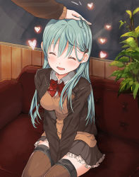 Rule 34 | 1girl, aqua hair, ascot, blazer, blush, bow, bowtie, breasts, brown skirt, brown thighhighs, cardigan, closed eyes, hair between eyes, hair ornament, hairclip, hand on another&#039;s head, headpat, heart, jacket, kantai collection, long hair, medium breasts, open cardigan, open clothes, open mouth, pleated skirt, red neckwear, remodel (kantai collection), school uniform, sitting, skirt, smile, suzuya (kancolle), thighhighs, ume (plumblossom)