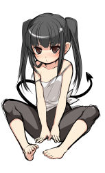 Rule 34 | 1girl, aged down, bare shoulders, barefoot, black hair, brown eyes, demon tail, face, feet, highres, kosumo, long hair, original, simple background, sketch, soles, solo, strap slip, tail, toe scrunch, toes, twintails