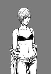 Rule 34 | 1girl, bra, breasts, closed mouth, collarbone, elena (ff7), female focus, final fantasy, final fantasy vii, grey background, looking to the side, momota (monakapain), monochrome, navel, one eye covered, pants, partially undressed, shirt, short hair, simple background, small breasts, solo, square enix, stomach, turks (ff7), unbuttoned, underwear, undressing