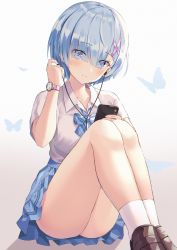 Rule 34 | 1girl, blue eyes, blue hair, blush, bow, breasts, cellphone, closed mouth, collarbone, commentary, earphones, gradient background, hair ornament, hair over one eye, highres, holding, hyonee, knees up, lips, looking at viewer, medium breasts, phone, pleated skirt, re:zero kara hajimeru isekai seikatsu, rem (re:zero), shoes, short sleeves, simple background, sitting, skirt, socks, solo, thighs, watch, white socks, wire, x hair ornament