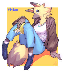 Rule 34 | 1girl, animal crossing, animal nose, artist name, blush, body fur, book, boots, breasts, character name, commentary request, denim, furry, furry female, highres, holding, holding book, jeans, looking at viewer, medium breasts, nintendo, pants, signature, sitting, smile, snout, socks, solo, suigi, tail, vivian (animal crossing), white socks, yellow fur