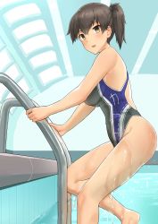 Rule 34 | 1girl, adapted costume, alternate costume, bad id, bad pixiv id, breasts, brown eyes, brown hair, hair between eyes, highres, kaga (kancolle), kantai collection, large breasts, one-piece swimsuit, osananajimi neko, pool, short hair, side ponytail, solo, swimsuit, wet