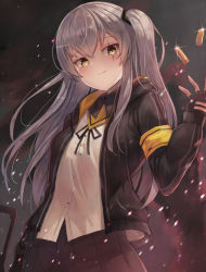 Rule 34 | 1girl, black gloves, black jacket, black ribbon, black skirt, blush, breasts, brown eyes, brown hair, bullet, commentary, dress shirt, fingerless gloves, girls&#039; frontline, gloves, hair between eyes, hair ornament, hand up, highres, jacket, long hair, long sleeves, looking at viewer, motokonut, neck ribbon, open clothes, open jacket, parted lips, pleated skirt, ribbon, scar, scar across eye, scar on face, shirt, skirt, small breasts, solo, twintails, ump45 (girls&#039; frontline), very long hair, white shirt