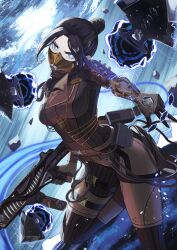 Rule 34 | 1girl, airship assassin wraith, animification, apex legends, black gloves, blue eyes, bodysuit, breasts, brown bodysuit, cable, cloud, electricity, gloves, gun, hair behind ear, hair bun, head tilt, highres, holding, holding gun, holding weapon, kunai, looking at viewer, medium breasts, official alternate costume, portal (object), r-99 smg, single hair bun, sky, solo, submachine gun, v, v-shaped eyebrows, water, weapon, hope&#039;s dusk (apex legends), wraith (apex legends), yanoyoru