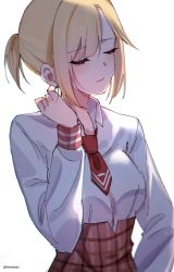Rule 34 | 1girl, blonde hair, blush, closed eyes, closed mouth, commentary, english commentary, highres, hololive, hololive english, keisea, necktie, shade, short hair, short ponytail, simple background, twitter username, virtual youtuber, watson amelia, watson amelia (1st costume), white background