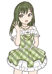 Rule 34 | 1girl, :d, arm behind back, blush, commentary, dress, green dress, green hair, hair ornament, hairclip, hand up, highres, idol clothes, jewelry, link! like! love live!, llkapital, long hair, looking at viewer, love live!, necklace, oogami sachi, open mouth, short sleeves, smile, solo, swept bangs, yellow eyes
