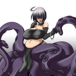 Rule 34 | 1girl, artist request, bandeau, black hair, breasts, collar, elbow gloves, gloves, hair over eyes, huge breasts, lipstick, loincloth, makeup, midriff, monster girl, no eyes, octopus, pointy ears, scylla, short hair, silver hair, simple background, solo, strapless, tentacles, tube top