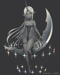Rule 34 | 1girl, absurdres, anotherxalice, armlet, bare shoulders, barefoot, breasts, chestnut mouth, choker, colored skin, copyright name, crescent, full body, grey skin, highres, horns, long hair, looking at viewer, nyasunyadoora, official art, pointy ears, silver hair, single horn, small breasts, solo, yellow eyes