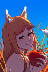 Rule 34 | 1girl, absurdres, akairiot, animal ear fluff, animal ears, apple, brown hair, food, fruit, highres, holding, holding food, holding fruit, holo, long hair, looking at viewer, red eyes, smile, solo, spice and wolf, tail, wheat field, wolf ears, wolf girl, wolf tail