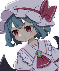 Rule 34 | 1girl, absurdres, ascot, bat wings, black wings, blue hair, blush, brooch, closed mouth, collared shirt, fang, frilled shirt collar, frills, hat, hat ribbon, highres, jewelry, kame (kamepan44231), mob cap, puffy short sleeves, puffy sleeves, red ascot, red eyes, red ribbon, remilia scarlet, ribbon, shirt, short hair, short sleeves, simple background, skin fang, solo, touhou, upper body, white background, white hat, wings