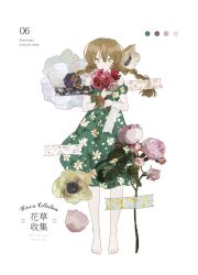 Rule 34 | 1girl, bare arms, bare legs, bare shoulders, bity3155660241, blunt ends, bouquet, braid, brown hair, chinese text, color guide, commentary request, dress, english text, expressionless, eyelashes, feet, floral print, flower, full body, green dress, green sleeves, hair between eyes, holding, holding bouquet, long hair, looking at viewer, medium dress, mixed-language text, mole, mole under eye, off-shoulder dress, off shoulder, original, parted lips, pink flower, pink rose, red flower, rose, short sleeves, simple background, solo, tape, toes, twin braids, white background, white flower, yellow eyes, yellow flower