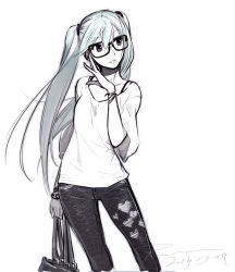Rule 34 | 1girl, aqua hair, bespectacled, bracelet, dated, glasses, hatsune miku, heart, highres, jewelry, lips, long hair, monochrome, pale color, parted lips, poaro, signature, simple background, solo, twintails, very long hair, vocaloid, white background