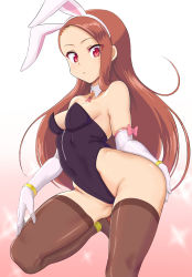 Rule 34 | 1girl, animal ears, black leotard, breasts, brown hair, brown thighhighs, detached collar, fake animal ears, gloves, gradient background, highres, idolmaster, idolmaster (classic), idolmaster 2, leotard, long hair, looking at viewer, minase iori, nagasode (48789563), pink background, playboy bunny, rabbit ears, rabbit girl, rabbit tail, red eyes, small breasts, solo, sparkle, standing, standing on one leg, strapless, strapless leotard, tail, thighhighs, white background, white gloves