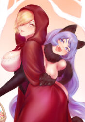 Rule 34 | 2girls, :d, animal ears, animal hands, blonde hair, blue eyes, blue hair, boku no hero academia, breasts, cape, cat ears, cat tail, cleavage, fang, hadou nejire, hair over one eye, highres, hood, hood up, hooded cape, large breasts, light blue hair, long hair, multiple girls, open mouth, red cape, ryuukyuu, short hair, shpo, smile, tail, tongue, tongue out, very long hair, yellow eyes