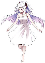 Rule 34 | bare arms, barefoot, breasts, character request, commentary request, dress, feet, full body, highres, long hair, medium breasts, purple eyes, puyo (puyotopia), sidelocks, simple background, standing, strap slip, sundress, toes, white background, white dress, white hair